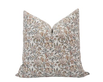 SADIE || Brown & Grey Floral Pillow Cover Block Print Pillow Designer Pillow Farmhouse Pillow Spring Floral Pillow Neutral Floral Pillow