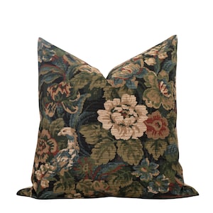 dark green floral pillow cover, floral tapestry pillow cover, moody floral pillow, antique style pillow, rustic floral pillow, vintage floral pillow, moody floral pillow, cottagecore pillows, botanical throw pillow, fall pillow cover, McGee and Co pillow covers, Amber Interiors pillows, blue floral pillow, verdure throw pillows, modern farmhouse pillows, coastal style pillows, designer throw pillows, high-quality pillows, woven tapestry pillow, 20x20 tapestry pillow cover, Jacobean floral pillow