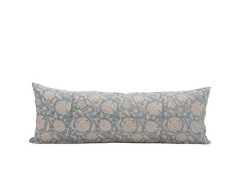 LIVY || Muted Blue Floral Linen Lumbar Pillow Cover: Farmhouse Pillow, Block Print Pillow, Cottage Pillow, Coastal Style, Bed Pillow