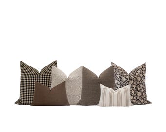 Black & Brown Pillow Cover Set, Block Print Pillow Set, Moody Pillow Combo, Fall Pillow Combo, Sofa Pillow Set, Linen, Cotton, Handwoven