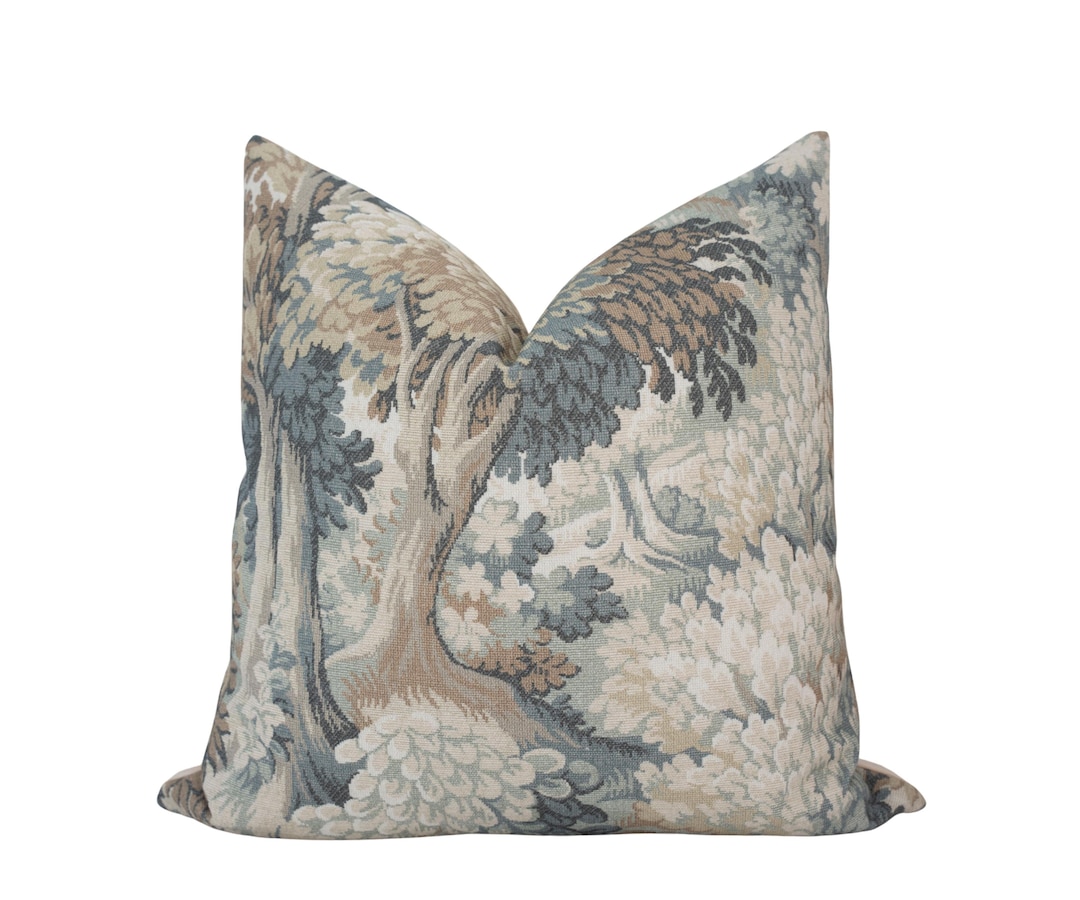 FINLEY Slate || Designer Muted Blue, Green and Brown Tapestry Pillow ...