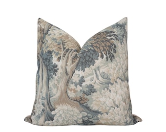 May include: A decorative throw pillow with a tapestry-style design featuring a forest scene in shades of brown, blue, and cream.