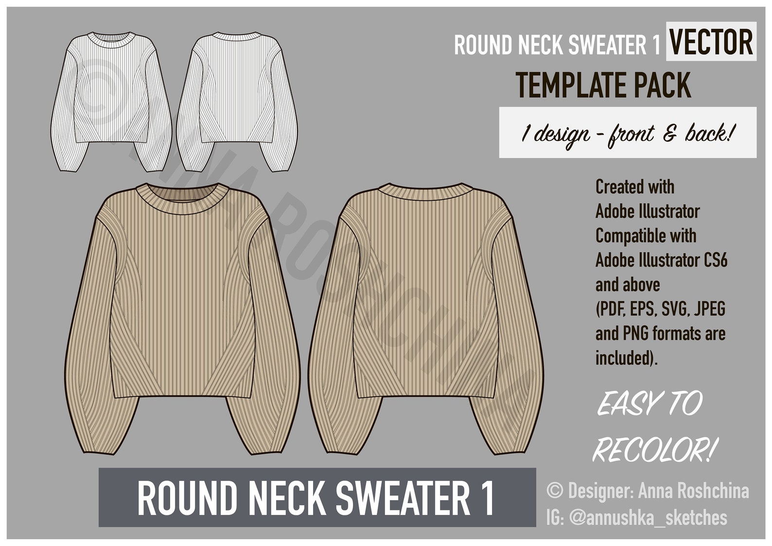 Fashion design vector round neck sweater 1 knitwear template Etsy