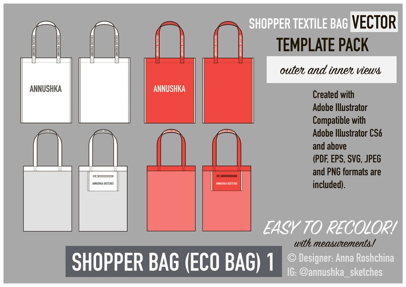 eco-bag, tote bag Adobe Illustrator template for branding and merchandising style 1 Fashion design vector shopper textile bag