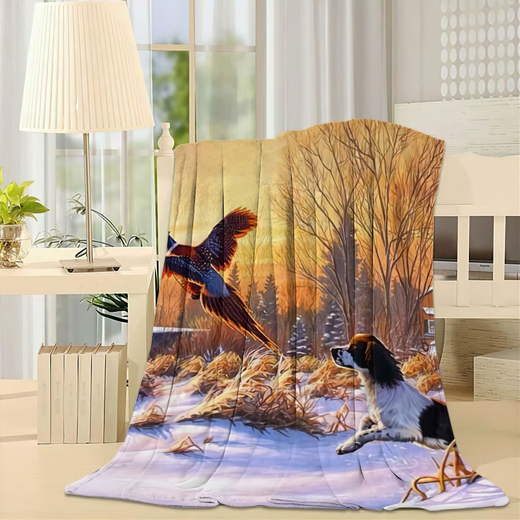 Pheasant Dog Hunting Winter Animal Fleece Blanket Throw Etsy