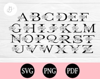 Paquete de alfabeto de flores svg, alfabeto botánico SVG, monograma de letras A a Z, 26 letras florales svg, archivo de corte del alfabeto, letras florales svg