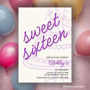 Sweet Sixteen Geburtstagseinladung Vorlage | Mädchen Sweet 16.Geburtstagsparty Canva Design | Bearbeitbar Lila Digital Einladen | Sofort Download