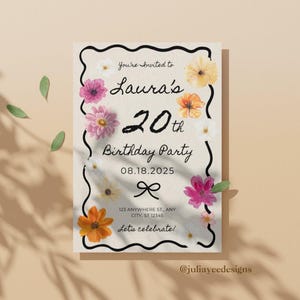 Modelo de convite floral para 20º aniversário | Download digital editável | Convite moderno para impressão | Download instantâneo - Modelo Canva