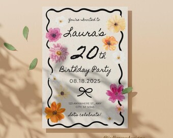 May include: A beige invitation card with a black border and floral accents. The text reads "You're Invited to Laura's 20th Birthday Party 08.18.2025" with address details and "Let's celebrate!" at the bottom. The design includes colorful flowers.