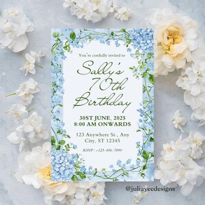Convite de 70º aniversário com peônia azul | Modelo floral editável para festa de setenta | Download digital para impressão | Convite elegante para mulheres com setenta anos