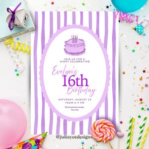 Sweet 16 Geburtstagseinladung Vorlage | Bearbeitbares Canva Design | Lila 16. Party-Einladung für Jugendliche | Sofortiger Download digitale Karte