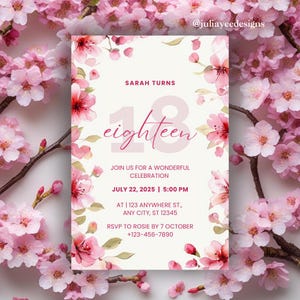 18th Birthday Invitation Cherry Blossom | Floral Editable Party Template | Pink Digital Invite | Elegant Girl Birthday Instant Download