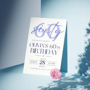 Elegant 60th Birthday Invitation Template Card | Editable Digital Invite for Women | Modern Blue Sixty Birthday Party Canva Template Design