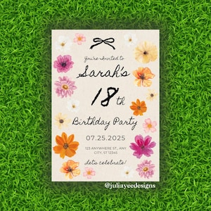 Modèle modifiable d'invitation pour 18e anniversaire | Invitation de fête de pique-nique d'art floral pressé | Téléchargement instantané | Invitation numérique aquarelle pour elle