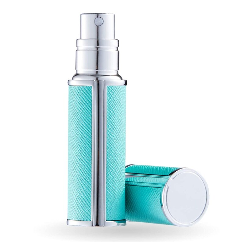 10 colors Unisex Refillable Leather Perfume/Cologne/Aftershave Bottle Atomizer Mini Pocket/Travel Size men and women 5ml/65 Sprays Teal/Silver