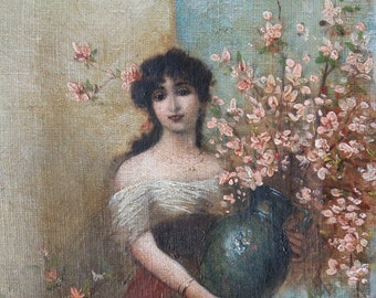 Antique figurative oil painting, portrait of a woman and flower vase, 19th century Italian signed oil painting, female portrait, B Romanelli