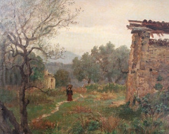 Peinture à l'huile de paysage antique, paysage français par Henri Rovel, paysage de campagne, paysage boisé, peinture de campagne