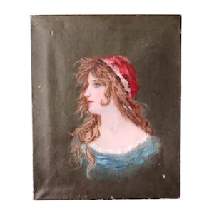 Antyczny portret kobiety, zniszczony 1800 olej na płótnie portret francuski portret malarstwo olejne, portret kobiety, kobiecy obraz olejny