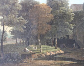 Peinture à l'huile antique de paysage romantique, paysage de campagne avec des moutons, paysage en bois, nymphes dansantes, paysage français, sombre et maussade
