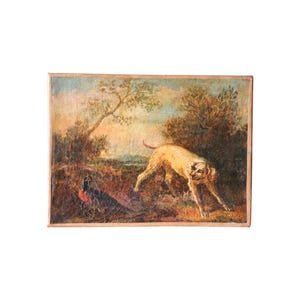 Antique Portrait painting of a dog and bird in a landscape attributed to Heinrich Karl Henry Jaeckel, dog in landscape painting