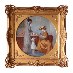 Retrato al óleo antiguo de una mujer tomando té visitada por su hijo y su niñera. Pintura francesa de André Félix Roberty.