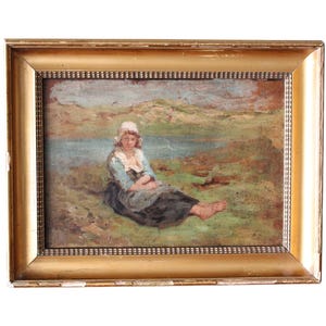 Antikes Französisches Ölgemälde: Frau in Landschaft , signiert & Datiert 1875