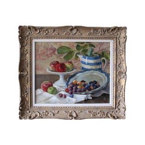 Groot vintage stillevenolieverfschilderij van appels en pruimen stilleven keuken fruit schilderij origineel ingelijst schilderij op gespannen canvas