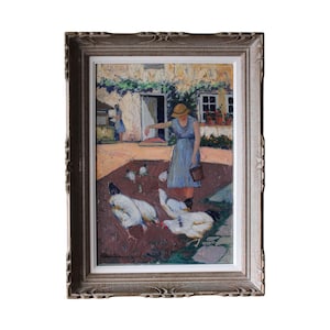 Peinture à l'huile de paysage de basse-cour d'une femme nourrissant des poulets poulets de basse-cour vintage peinture à l'huile post impressionniste peinture de cour de ferme