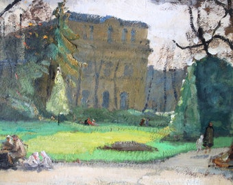 Antique impressionist landscape oil painting by French artist, Alban Taracole (1881-1968), signed and dated 1944, park landscape, chateau