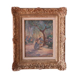 Retrato vintage de uma mulher em um jardim pelo artista francês Armand Fouquet (n. 1904), pintura a óleo de paisagem de jardim, pintura figurativa, gênero