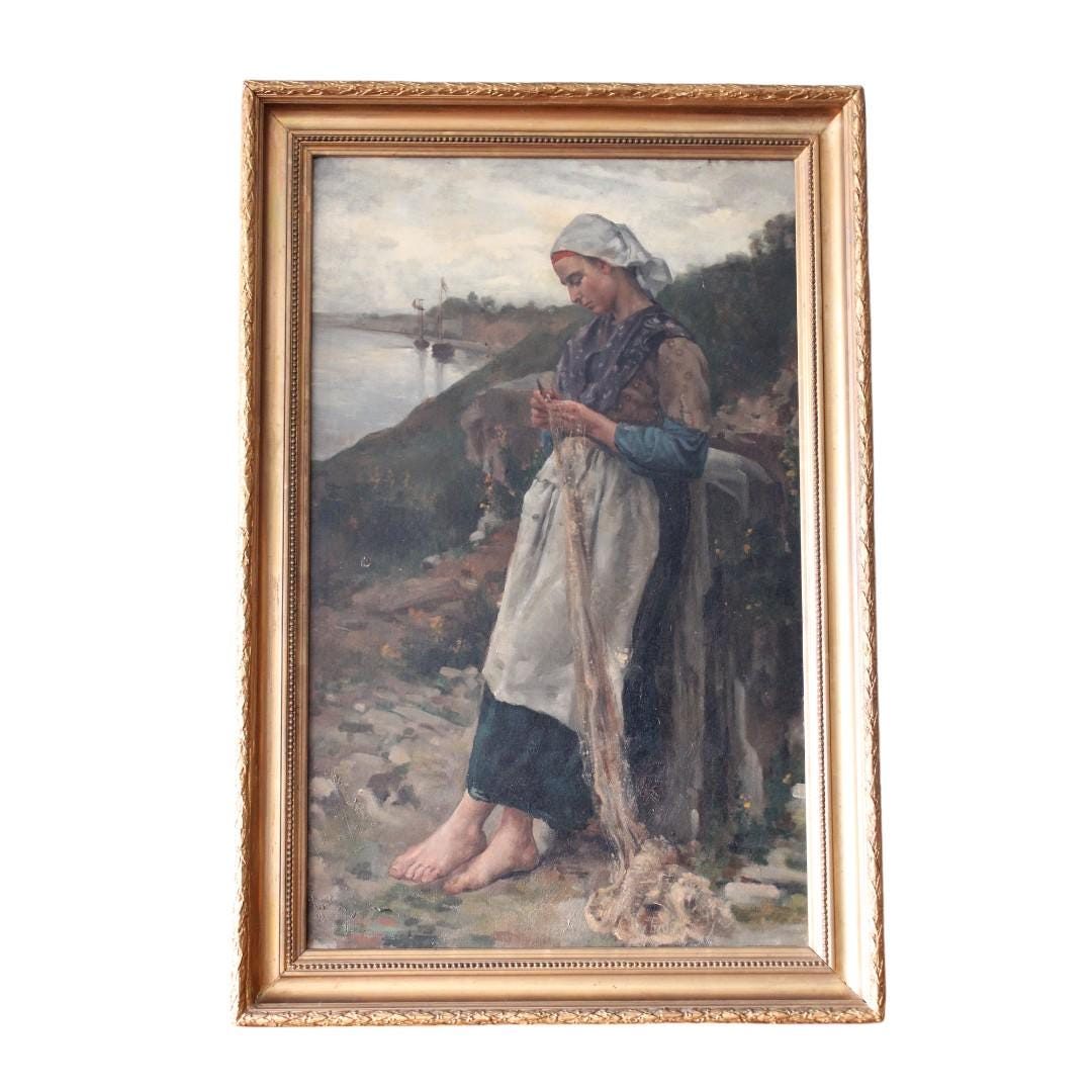 Antique Portrait Oil Painting of a Young Woman in a Coastal Landscape ...