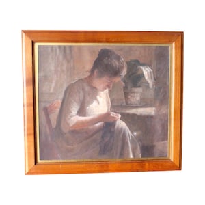 Retrato vintage de una mujer cosiendo del artista francés Leon Garraud, pintura al óleo Art Decó figurativa de los años 30
