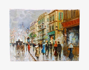 Vintage Oil Painting, Paris Landscape, Cityscape of a Parisien Street, Paris Wall Art