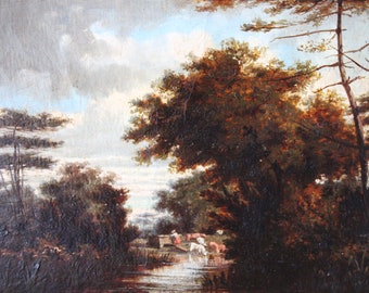 Antike Landschaft Ölgemälde, stimmungsvolle Waldlandschaft, französische Landschaft, Barbizon Landschaft, original altes Ölgemälde
