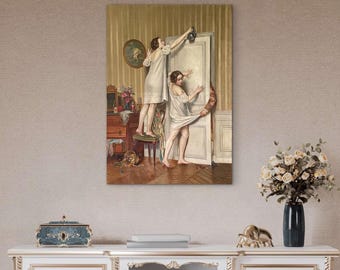 Dipinto ad olio antico francese raffigurante una farsa in una camera da letto, grande dipinto ad olio per interni, arte narrativa, scena di un amante invadente in un boudoir, grande opera su tela