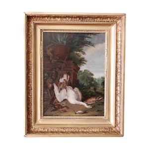 Antique still life hunter dog and game still life of hunter trophies original oil painting in gold frame 1800&#39;s after Jean-Baptiste Oudry 