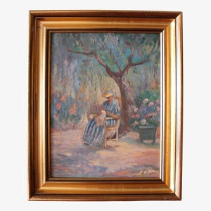 Vintage Landscape Portrait of a woman in a garden, French figurative painting