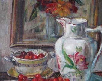 Antique still life interior scene oil painting of cherries and a jug on a table, French Still Life, Kitchen decor, fruit still life decor