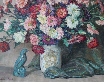 Grande nature morte vintage peinture à l'huile de fleurs dans un vase par l'artiste français Constantin Font, nature morte française, bouquet floral