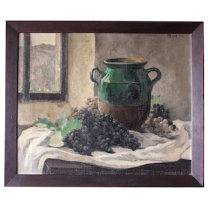 Antiek Frans impressionistisch stilleven-olieverfschilderij Fruit & kruik Origineel schilderij van Marcel Bach Frans landelijk rustiek olieverfschilderij