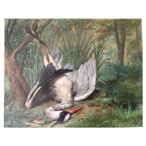 Large Antique Still Life Oil Painting of a heron farmhouse hunting scene country moody oil painting signed and dated 1904