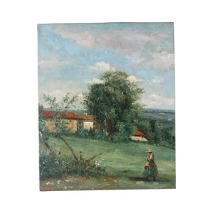 Vintage Post-Impressionist landscape oil painting on canvas French houses and people