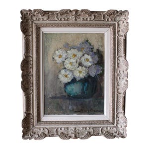 Pintura de natureza morta vintage, pintura floral pós-impressionista francesa de flores brancas em um vaso verde buquê floral impressionista