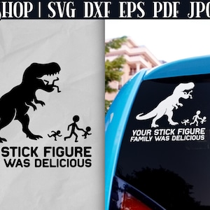 Op de afbeelding: Een zwart-wit grafisch ontwerp van een dinosaurus die een gezin van stokpoppetjes eet. De tekst luidt "Je stokpoppetjesfamilie was heerlijk."