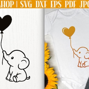 Może przedstawiać: Czarno-biały rysunek linii przedstawiający słonia trzymającego balon w kształcie serca. Obraz znajduje się również na białym body dla dziecka ze złotym balonem w kształcie serca i wzorem słonia. U góry znajduje się tekst "Cuteshop | SVG DXF EPS PDF JPG PNG".
