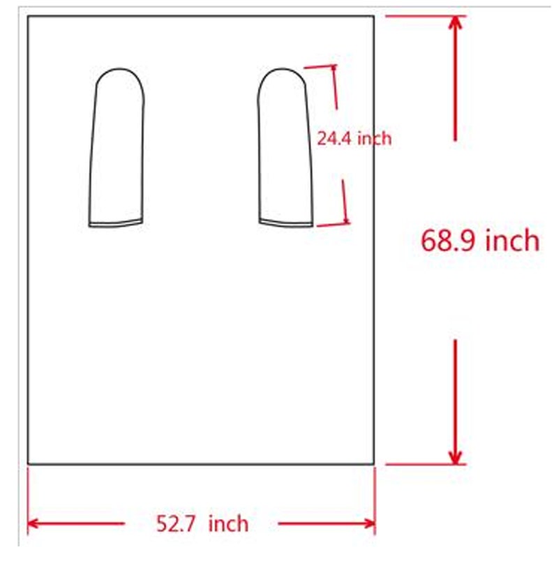 May include: A white rectangular design with two curved shapes at the top, and measurements in inches. The design is 68.9 inches tall, 52.7 inches wide, and the curved shapes are 24.4 inches tall.
