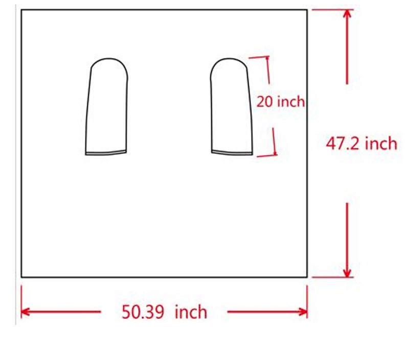 May include: A white rectangular object with two arched cutouts. The object is 50.39 inches wide and 47.2 inches tall. Each cutout is 20 inches in height. The image is a technical drawing or diagram.
