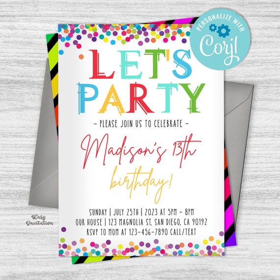 Simple Colorful Birthday Invitation Template, ANY AGE, Instant Download Birthday  Invitation for Boys Teens Kids Girls Adults, Colorful 