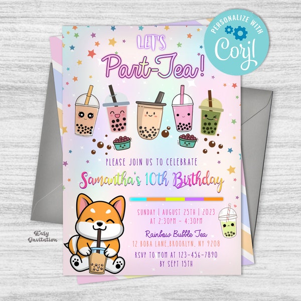 Cute Bubble Tea Birthday Party Invitation, Editable Digital Invitation Rainbow Boba, Theme Par-Tea Invite, Girl Bubble Tea Birthday