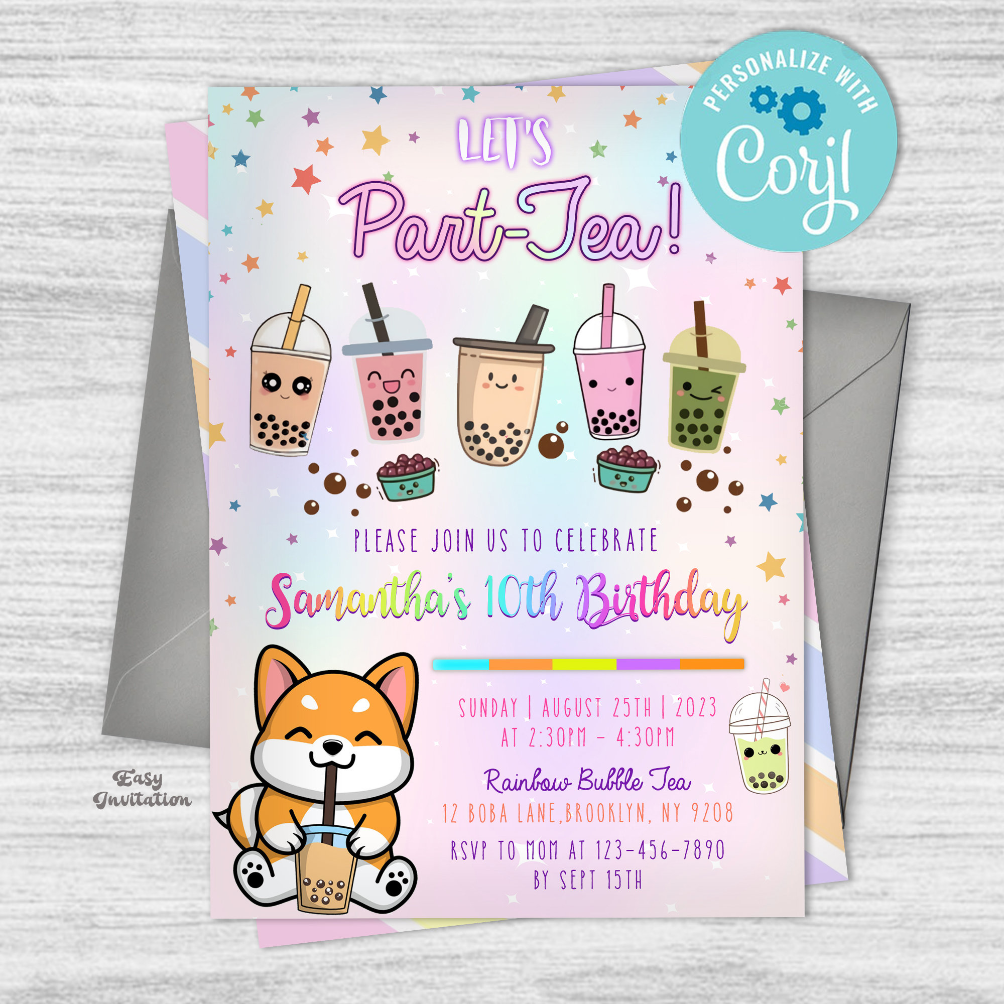 Cute Bubble Tea Birthday Party Invitation, Editable Digital Invitation